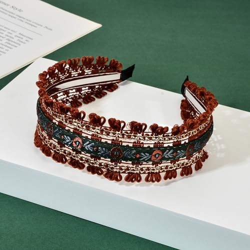 Boho Ethnic Wind Embroidery with Floral Headband Non-slip Elastic Brown Metal Hairband Wedding Vacation Headband for Woman Girls
