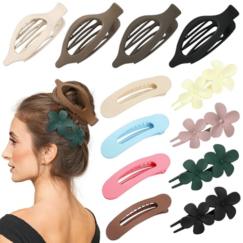 12 Pcs Multicolor Flat Hair Clips, YINGFENG Flat Claw Clip for Women, Matte Non-Slip Flower Claw Clips for Thin Thick Hair, Suitable for Women and Girls Wedding Party Accessories