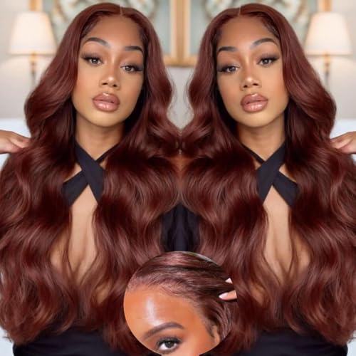 Reddish Brown Lace Front Wigs Human Hair Pre Plucked 13x6 Body Wave Lace Front Wigs Human Hair Auburn Colored Human Hair 180% Density Lace Front Wigs Body Wave Hd Lace Frontal Wigs Human Hair 26 Inch