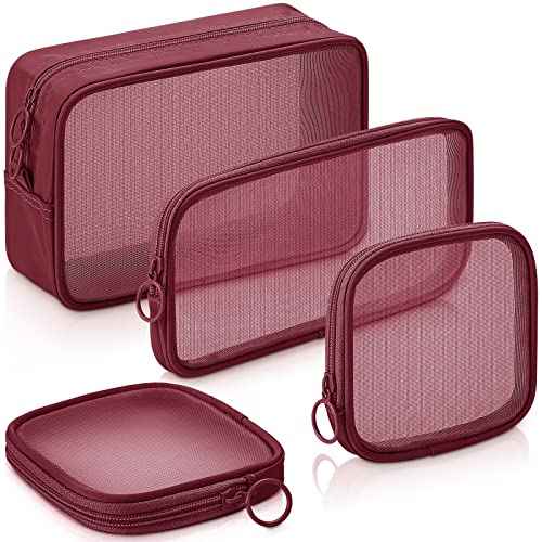 Weewooday 4 Pcs Mesh Makeup Bag Mesh Cosmetic Bag Travel Toiletry Pouch with Zipper Mini Makeup Cosmetic Purse for Daily Accessory(Small, Large, Medium,Wine Red)
