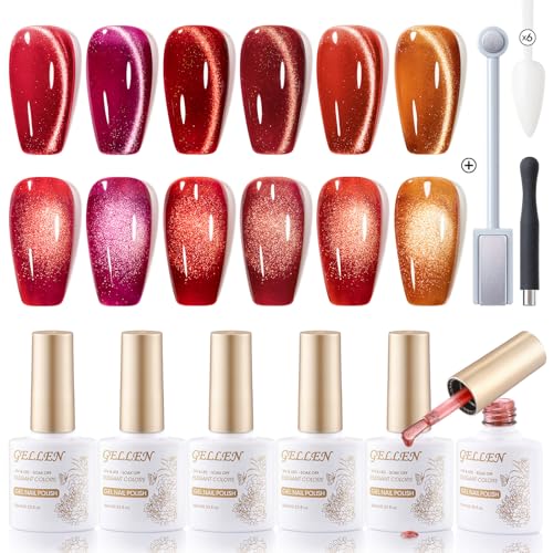 GELLEN Cat Eye Gel Nail Polish Magnetic Glitter 6 Colors Pink Purple Burgundy Red Brown Reflective No Wipe Soak Off UV Light Gel Polish for DIY Manicure Art Women Girls Valentine's Day Christmas Gift