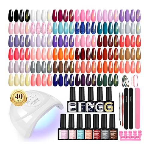 PHOENIXY 51 Pcs Gel Nail Polish Kit with U V Light, 35 Colours Gel Polish with 5 Pcs Base Top Coat Manicure Starter Nail Polish Set Gifts for Women ST9016
