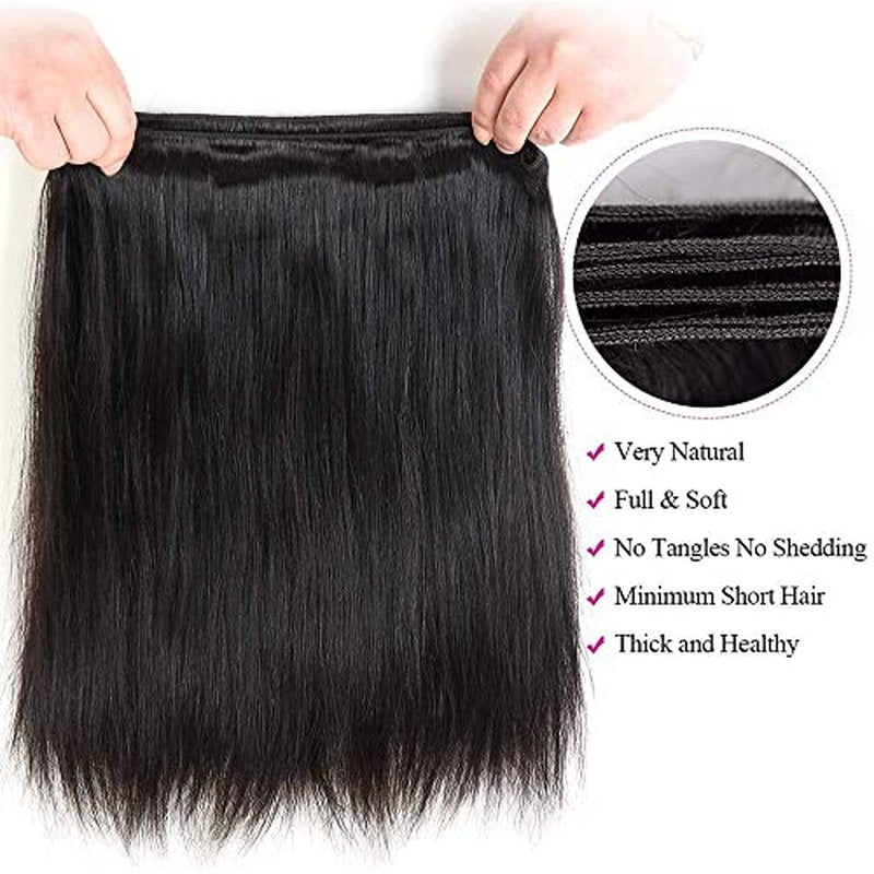 Straight Bundles Human Hair 16 16 16 Inch Brazilian Straight Hair Bundles 100% Unprocessed Virgin Hair Weave Bundle Human Hair Extensions for Women Trippy Hair Bundle Natural Color