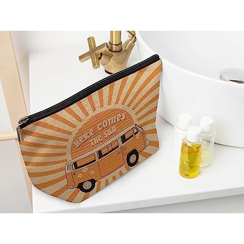 Ayxvt Here Comes the Sun Hippie Bus Sunshine Makeup Bag,Hippie Purse Pouch Travel Toiletry,Here Comes the Sun hippie Gifts for women