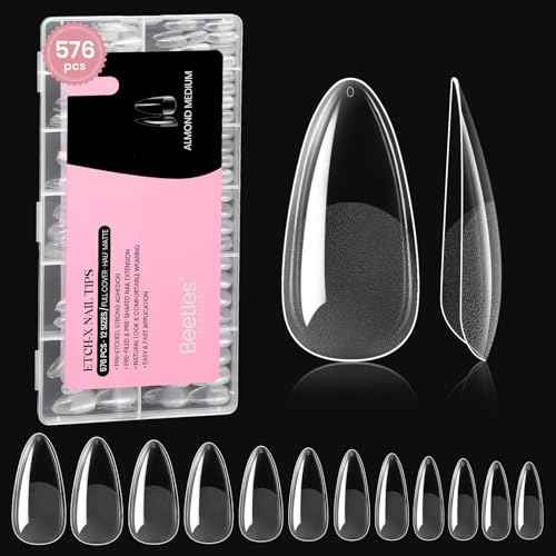 Beetles Medium Almond Nail Tips 576pcs 12 Sizes, Pre-Etched Soft Gel Nail Tips Half Matte Full Cover False Nail Tips Clear Acrylic Nails Glue on Nails DIY Nail Extension Gift for Women