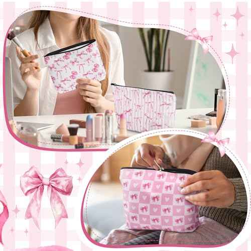 Reginary 12 Pcs Pink Bow Makeup Bags Coquette Bow Cosmetic Bags with Zippers Coquette Party Favors Pink Aesthetic Elegant Pouch Bulk Gifts for Women Stuff Christmas Birthday Supplies Travel Accessory