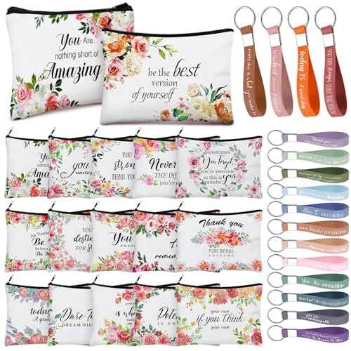 Hillban 32 Pcs Canvas Cosmetic Makeup Bag Women Christmas Inspirational Gifts Travel Toiletry Makeup Bag Pouch with Inspirational Keychains for Christmas Women Teacher Appreciation Gift(Flowers)