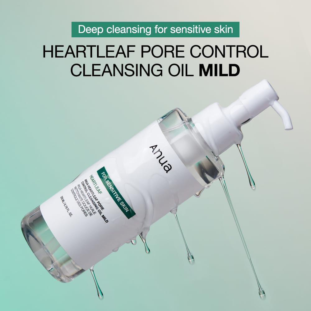 ANUA Heartleaf Pore Cleansing Oil MILD, Sensitive Skin Face Wash, Oil Cleanser for Face, Makeup Blackhead Remover, Korean Skin Care, Non-Comedogenic, Fragrance Free (6.76 fl oz)
