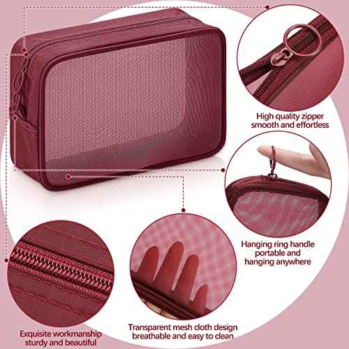 Weewooday 4 Pcs Mesh Makeup Bag Mesh Cosmetic Bag Travel Toiletry Pouch with Zipper Mini Makeup Cosmetic Purse for Daily Accessory(Small, Large, Medium,Wine Red)
