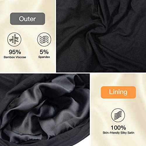 SilkySatin Lined Bonnet Sleep Cap - Adjustable Stay on All Night Hair Wrap Cover Slouchy Beanie for Curly Hair Protection for Women and Men - Black & Light Grey