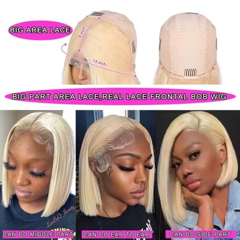 613 Honey Blonde Bob Wig Human Hair HD Transparent 13X4 Straight Lace Frontal Short Bob Wigs For Black Women Glueless Wigs 100% Human Hair Pre Plucked Pre Cut Blonde Bob Lace Front Wigs With Baby Hair