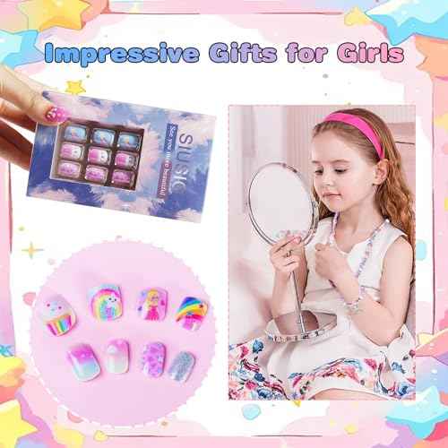 SIUSIO 6 Pack Press on Nails kids Children Acrylic Fake Nails Cute Pre-glue Full Cover Gradient Color Rainbow Short Stick On False Nail Art Kits Set for Kids Little Girls - Rainbow Dream