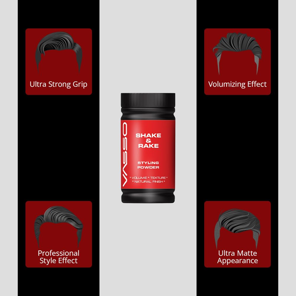 Vasso Shake & Rake Styling Powder for Men, Matte Finish Hair Volumizing Powder, Lightweight Texture Powder for Strong Hold & Natural Look, Barber Style Hair Powder