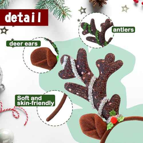 12 Pcs Reindeer Antlers Headband, Glitter Sequins Christmas Ears Headband, Deer Hairbands for Kids & Adults, Perfect for Holiday Photo Booth Props & Party Favors
