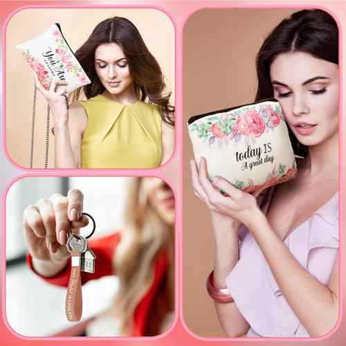 Hillban 32 Pcs Canvas Cosmetic Makeup Bag Women Christmas Inspirational Gifts Travel Toiletry Makeup Bag Pouch with Inspirational Keychains for Christmas Women Teacher Appreciation Gift(Flowers)