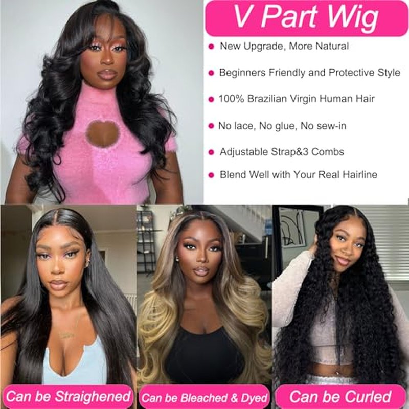 V Part Wig Human Hair Body Wave Upgrade Glueless Wigs Human Hair U part Vpart Human Hair Wig Beginner Friendly Real Hair wigs for Women 180% Density 18 Inch