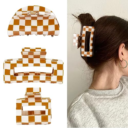 Brown & White Checkered Hair Clips, 3 Pack - Includes Square, Semicircle, and Rectangle Claw Clips for Thick or Thin Hair, Hair Accessories for Women and Girls