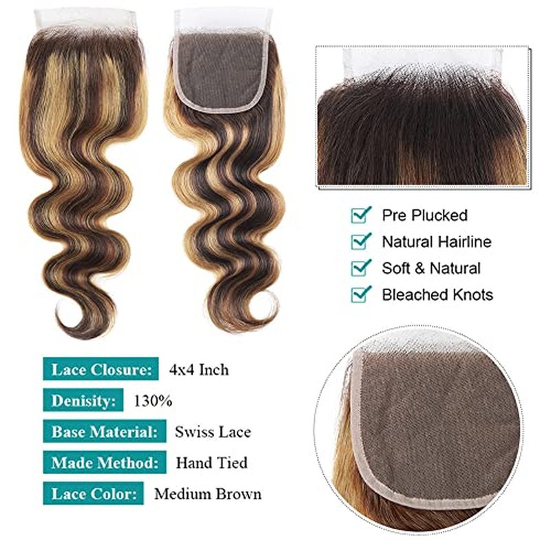 4/27 Lace Closure Human Hair Pre Plucked With Baby Hair Body Wave Brown To Honey Blonde Two Tone 4X4 Free Part Bleached Knots Brazilian Virgin Closure Human Hair 20 Inch
