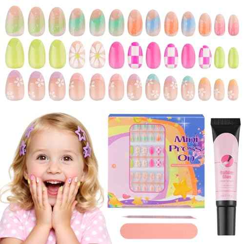 TOROKOM 78 Pieces Press on Nails, Fake Nail Kit Colourful Flower Stick on Nails for Girls Gift Age 8-12, Full Cover Short Acrylic Nails with Nail Adhesives and Glue