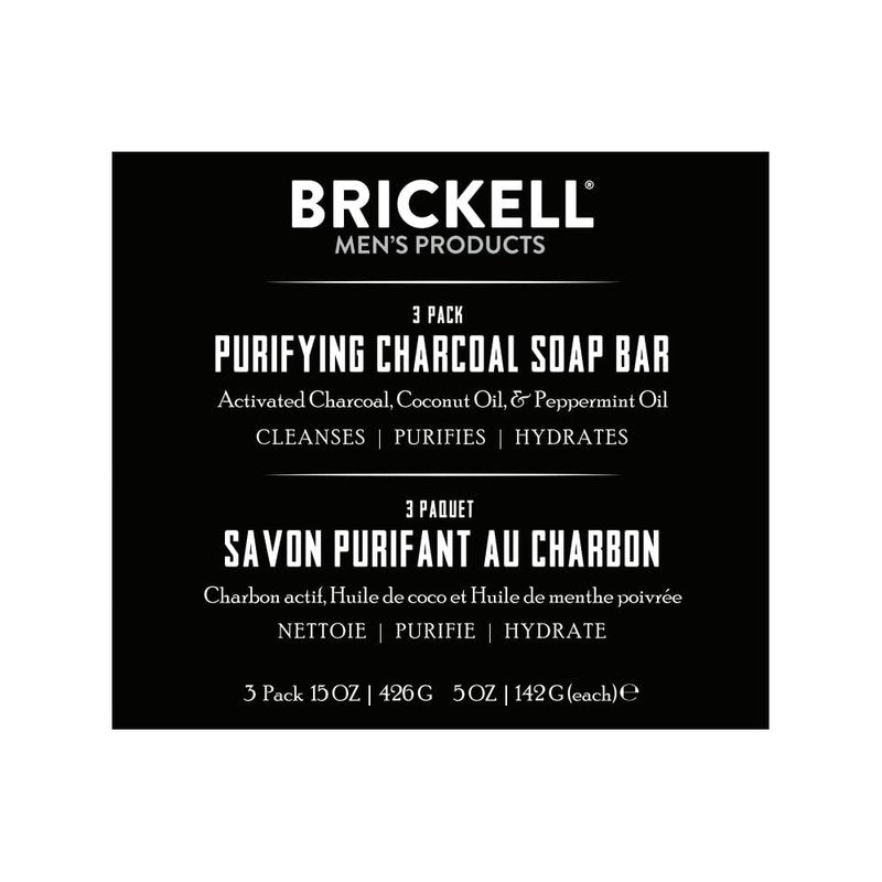 Brickell Men's Purifying Charcoal Soap Bar for Men, Exfoliating Bar Soap Handmade with Activated Charcoal, Coconut Oil, and Tea Tree Oil, Peppermint Scented, 5 Ounce Bar (3 Pack)