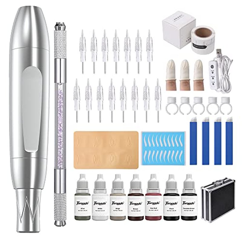 Charme Princesse Permanent Makeup Machine Tattoo Kit with Manual Pen Eyeliner Eyebrow Ruler Practice Skin Ring Cup Eyeliner Tattoo Supplies Pigments for Eyebrows EK516