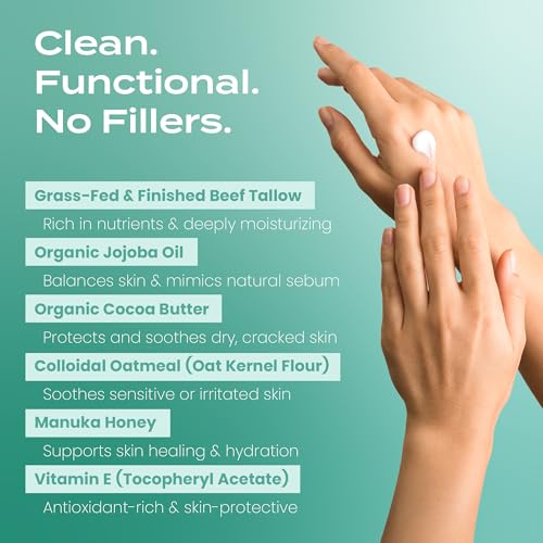 Body Restore Grass Fed Whipped Beef Tallow for Dry Skin, Face - Manuka Honey, Jojoba Oil, Christmas Stocking Stuffers, White Elephant, Birthday Gifts for Women, Men, Travel Essentials - Eucalyptus