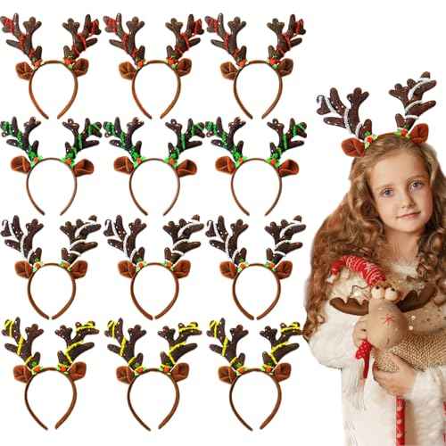 12 Pcs Reindeer Antlers Headband, Glitter Sequins Christmas Ears Headband, Deer Hairbands for Kids & Adults, Perfect for Holiday Photo Booth Props & Party Favors