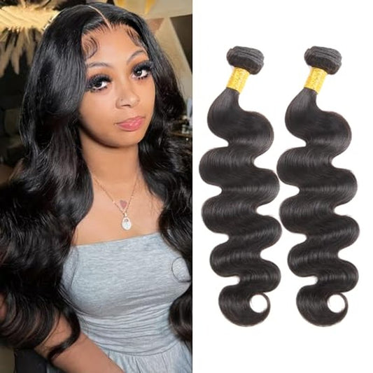 Body Wave Human Hair Bundles - Brazilian 2 Bundles for Black Women, 20 22 Inch, 10A Grade 100% Unprocessed Extensions, Natural Black