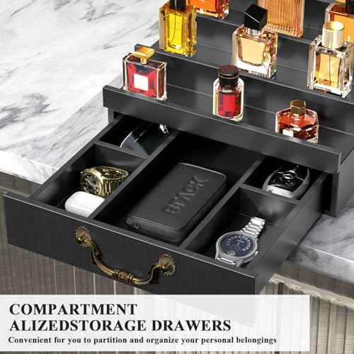 ONKO Cologne Stand for Men,Fragrance Display Stand for Men,Black Cologne Storage Shelf,4-Tier of Elevated Perfume Holder with Drawer,Wooden Fragrance and Watch Shelf Organizer,Room Decor Accessories