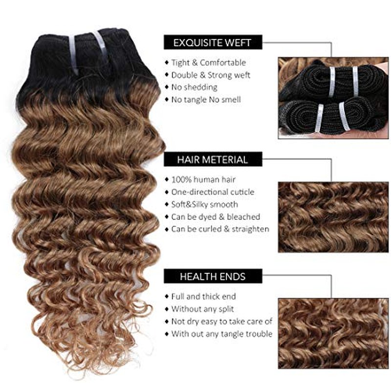 4 Bundles Deep Wave Short Bob Style Ombre 1B/30 Virgin Human Hair Bundles 50g Two Tone Color Brazilian Hair Weave 14¡±