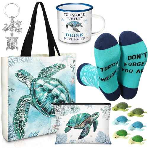 Sea Turtle Lover Gifts for Women Birthday Gifts Baskets Set Include Canvas Tote Bag, Makeup Bag, Socks, Keychain, Enamel Mug, Small Figurines for Mom, Wife, Sister, Friend