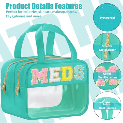 Chenille Letter Clear Medicine Bags, Makeup Bag for Travel, Preppy Patch Nylon Cosmetic Meds Pouch with Handles and Zipper, Waterproof Large Clear Travel Toiletry Purse Storage for Women Green
