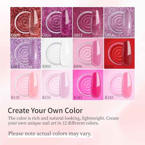 12 Pcs Nail Dip Powder Set, 12 Colors Burgundy Pink Dipping Powder Kit, Valentine's Shimmering Red Purple Glitter Nail Art Manicure Salon DIY for Daily at Home Party Gifts for Women