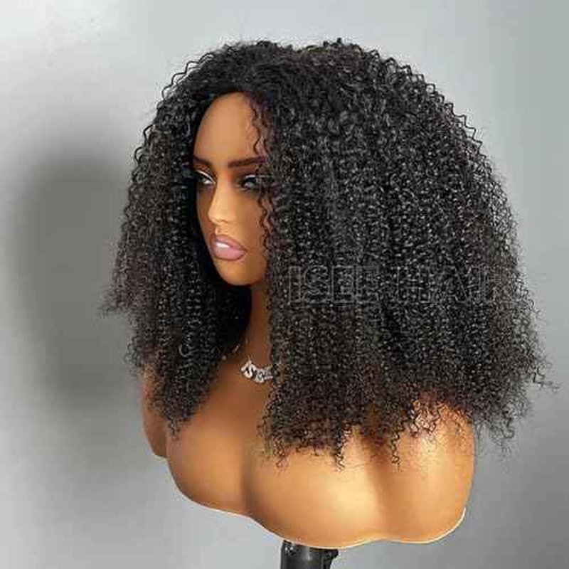 ISEE Half Wig Afro Curly 3 In 1 Half Wig Glueless Wigs Human Hair Seamless Kinky Curly Flip Over Beginner Friendly Wear & Go Drawstring Band Clip in Human Hair Black Color 20 Inch