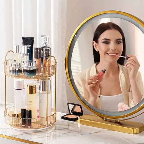 Makeup Organizer for Vanity, 360¡Æ Rotating Bathroom Organizer Countertop, High-Capacity Skincare Organizer, Spinning Cosmetics Organizer for Dresser Countertop (2 Tiers, Amber)
