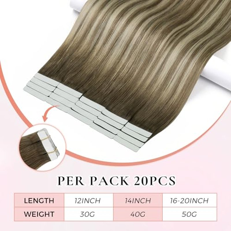 invisible tape in hair extensions human hair 16Inch Dark Brown Fading To Brown and Blonde 20pcs 50g Thick Ends