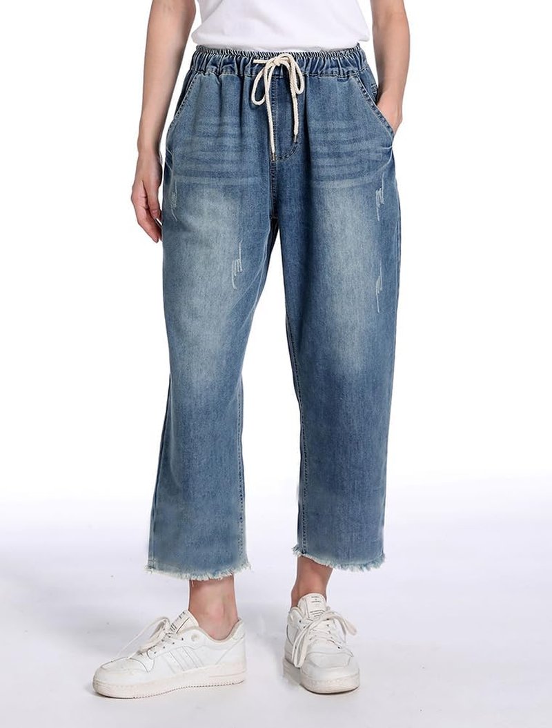 Cropped Jeans for Women - Loose Fit Cotton Denim Joggers with Elastic Waist & Ripped Details | Casual Style