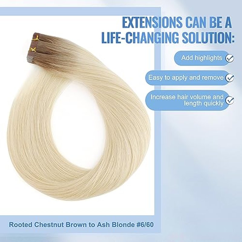 Sixstarhair Rooted Blonde Tape In Hair Extensions Human Hair Medium Brown Fading to Platinum Blonde Remy Hair Beautiful Hair for Women [Color R6-60#-16 inch]