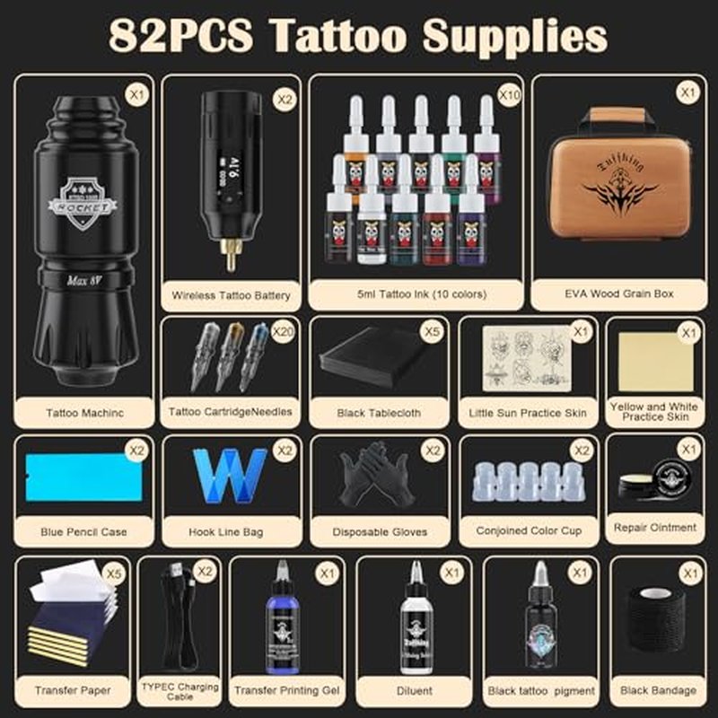 Tattoo Gun Kit - Perfessional Tattoo Machine Kit for Beginners Complete Tattoo Set with 2 Batteries Rotary Tattoo Pen & 20Pcs Cartridge Needles for Artist Starter Tattoo Supplies (Battery-II-82Pcs)