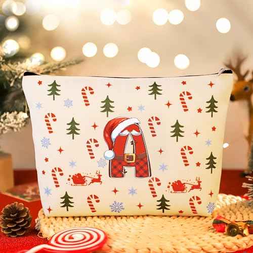 Christmas Gifts for Women - Initial Glass Cup Makeup Bag, Christmas Decorations, Stockings, Scented Candles, Card & Keychain Set for Her