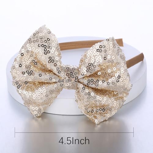 Kiszu Sparkly Sequin Hair Bow Headbands Fashion Glitter Cute Boutique Ribbon Bows for Girls, Kids, and Women (Sliver,Gold)
