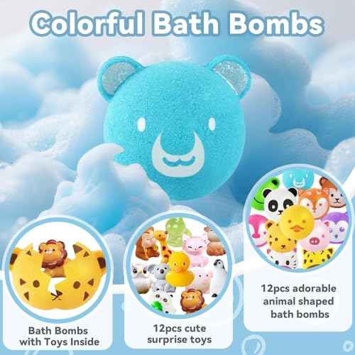 Bath Bombs for Kids with Surprise Toys Inside, 12 Pcs Bubble Bath Fizzy Balls with 12 Animal Shapes, Natural Bath Bombs Easter Christmas Children's Day Gift Set for Kids Girls Boys Toddlers
