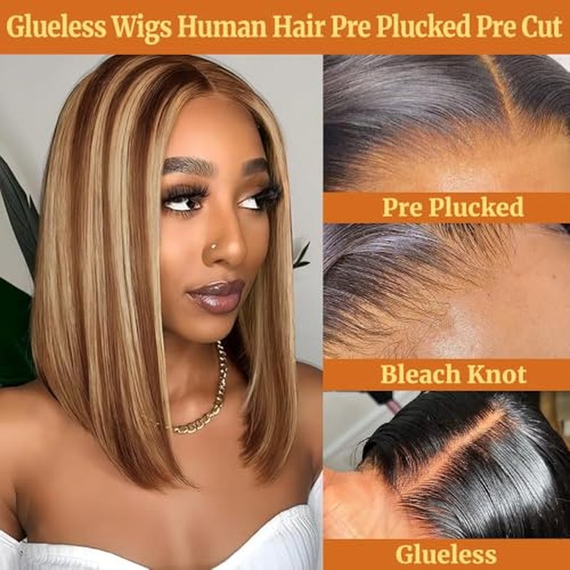 Ombre Bob Wig Human Hair 4/27 Highlight Honey Blonde Lace Front Bob Wigs Human Hair 180% Density Glueless Wigs Human Hair Pre Plucked Pre Cut 4x4 HD Lace Front Wigs Human Hair for Black Women 12 inch