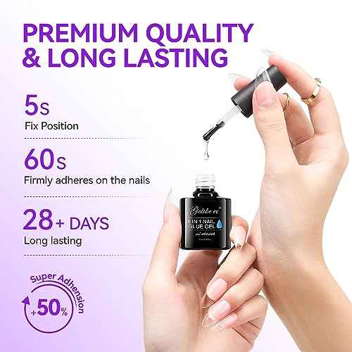 Gelike EC Gel Nail Glue for Press On Nails: 6 in 1 Strong UV Nail Glue for Nail Tips and Acrylic Fake Nail - Long Lasting 28 Days Quick Dry - Beginner Friendly DIY for Home Salon