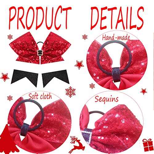 4pcs Christmas Large Cheer Hair Bows,7Inch Xmas Boutique Cheerleader Bows Accessories with Shiny Squares Hair Bows Elastic for Women Kids Toddlers Teens(Red, white and black)