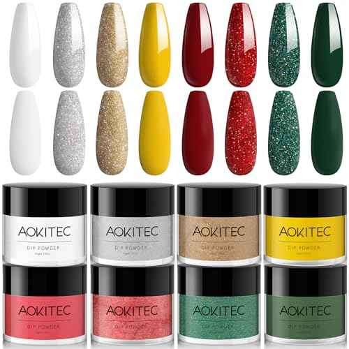Aokitec Dip Powder Set, Advent Calendar 2025, 8 Christmas Colours for Nails, Red Glitter Green Dipping Set