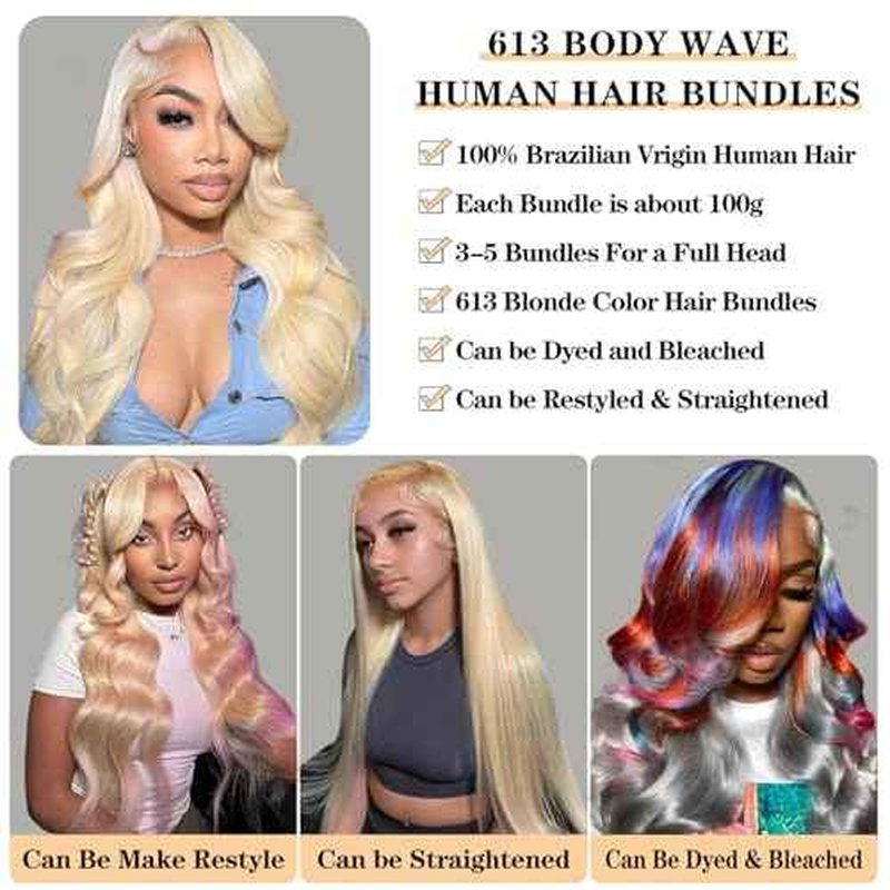 613 Blonde Bundles Body Wave Human Hair 22" 22" 22" 12A Grade 613 Blonde Body Wave Human Hair 3 Bundles 100% Unprocessed Virgin Brazilian Human Hair Bundles