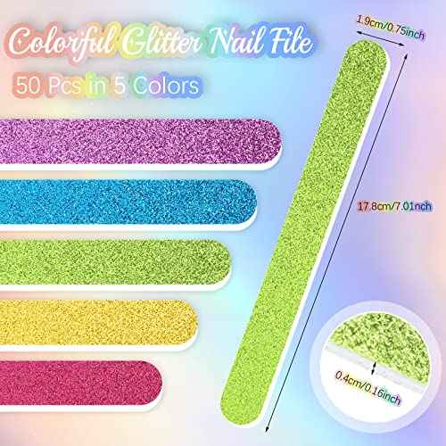 Mixweer 50 Pieces Glitter Nail File Colorful Strips Nail Bulk, 7.01 x 0.75 Inch Manicure and Pedicure Toenails Buffers, Double Sided Filer for Women Shaping Smoothing Toenails and Fingernails