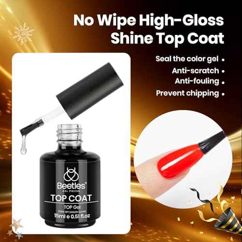 beetles Gel Polish No Wipe Gel Top Coat - Clear Color Top Coat Gel Nail Polish Shine Finish and Long Lasting, Soak Off Nail Lamp, 15ml Christmas Nails Gifts for Girls
