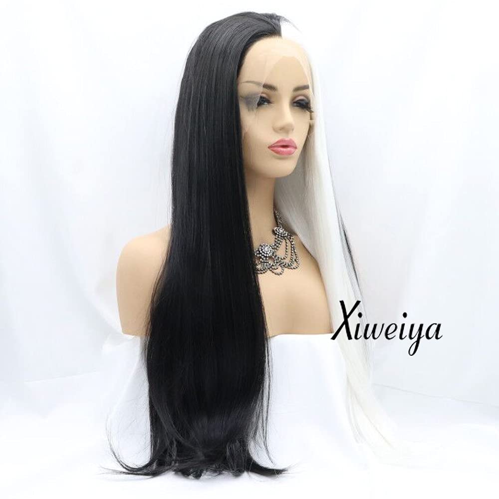 Long Straight Mermaid Piano Lace Front Wig - White to Black Two Tone | Heat Resistant Synthetic Hair for Women Cosplay